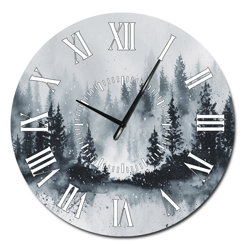 Horloge murale ronde en métal « Forêt d'hiver brumeuse » - Paysage, Surdimensionné