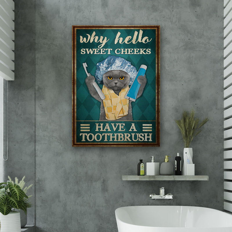 Chat à brosser les dents - pourquoi bonjour les joues douces, toile tendue avec châssis - décor d'illustrations pour salle de bain pour animaux de compagnie, gris et bleu