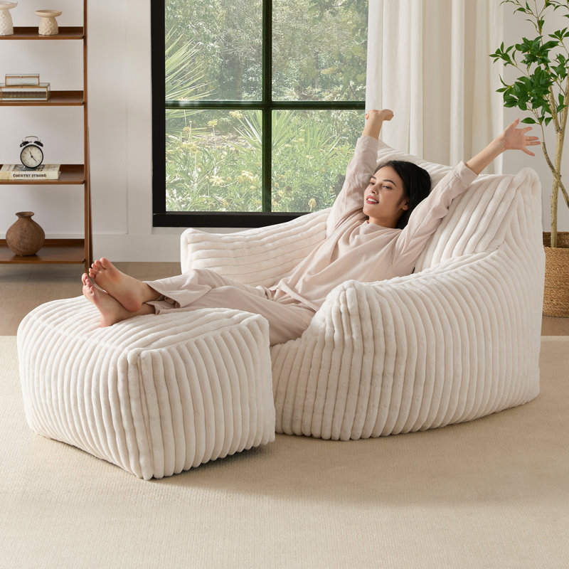 Bean Bag Chair with Ottoman , Comfy Memory Foam Large Lazy Sofa, Beige Corduroy