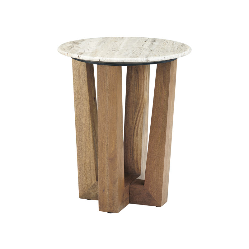 Table de bout ronde décorative en pierre de travertin gris naturel avec veines blanches, anthracite et brunes et base en bois massif brun