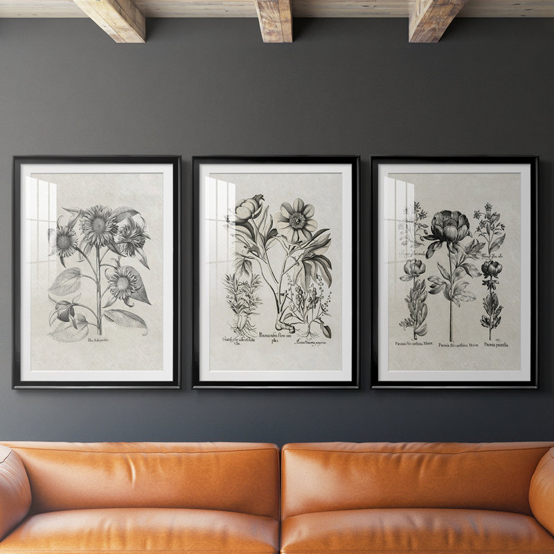 Motif floral rétro vintage avec motif encadré personnalisé - 3 pièces, H 19 po x l 27 po, Noir