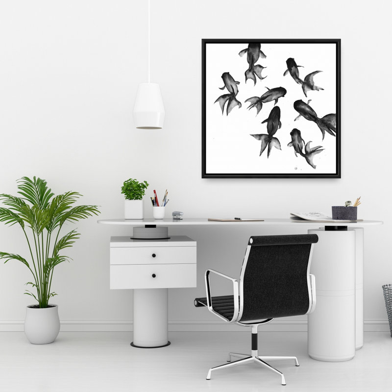 Petits poissons noirs sur toile | Décoration de chambre asiatique, H 25,25 po x l 25,25 po