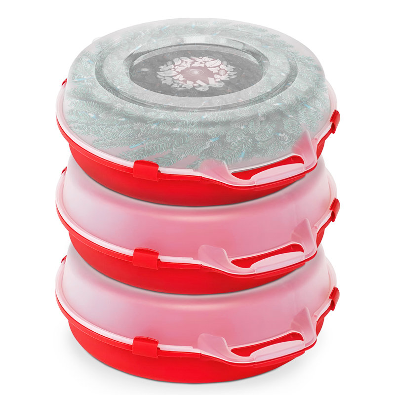 Homz 24 Inch Seasonal Holiday Christmas Plastic Wreath Storage Box, Red