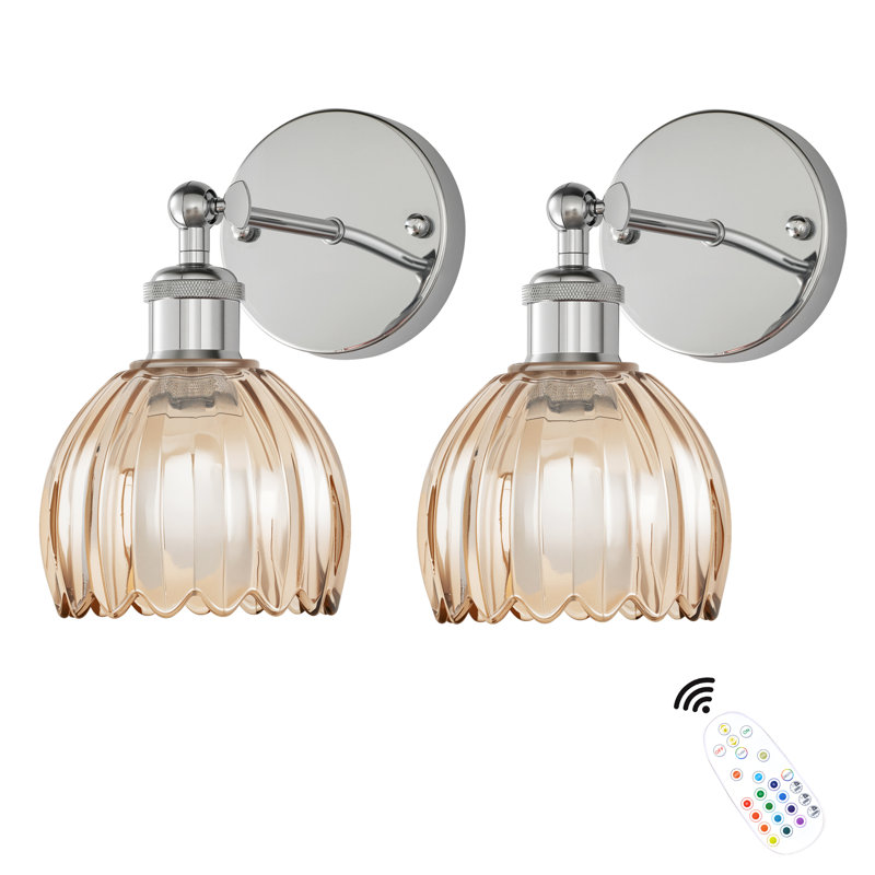 Multi-Scene Rgb Wall Sconces With Amber Tulip Glass Shade, 12 Colors & Dimmable (Set Of 2), Chrome, Brown