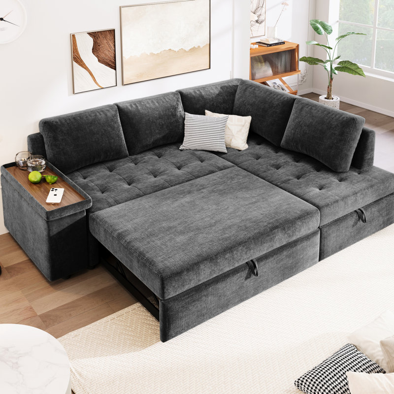 En forme de L avec lit escamotable et espaces de rangement pratiques - Style caché gris