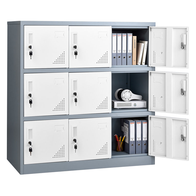 9 Doors Metal Locker, Lockable Steel Storage Cabinet, 66 lbs Loading Capacity, 2 Keys for Each Door, 3 Tiers Employee Lockers for Office, School, Gym, Easy Assembly, 35.4 x 17.7 x 37 in, Gray