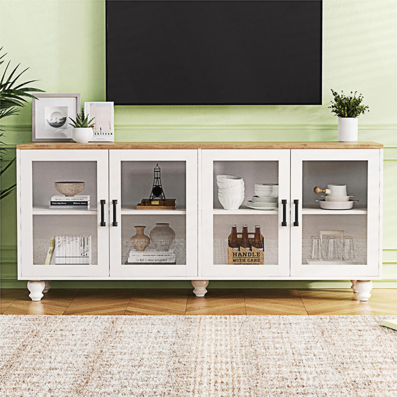 Meuble télé Farmhouse avec portes en verre trempé, buffet polyvalent avec tablettes réglables, console de télévision
