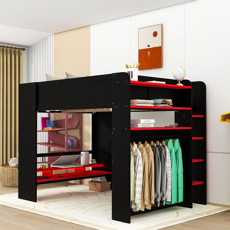 Lit mezzanine double avec bureau, lumière RVB, tablettes de rangement et station de charge, Rouge