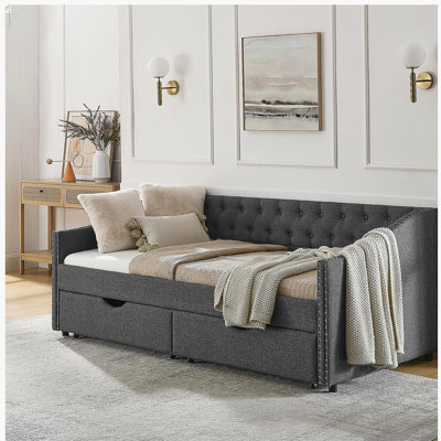 Twin Size Daybed with Drawers Upholstered Tufted Sofa Bed, with Button on Back and Copper Nail on Waved Shape Arms(81.5''x4''x30.5'')