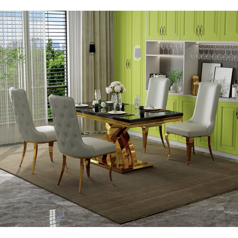 Ensemble de table de salle à manger 5 pièces de luxe doré avec 4 chaises capitonnées en cuir blanc, 5, Noir et or