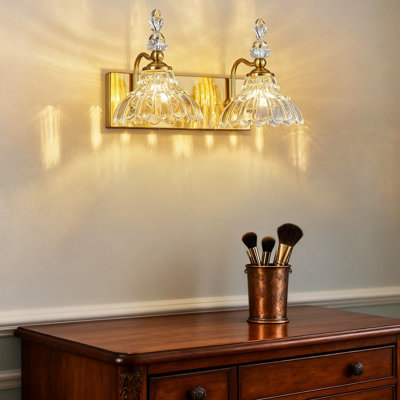 Vintage Vanity Light Fixture, 2-Light Gold Wall Sconce With Floral Glass Shades For Bathroom, Bedroom, Dressing Room And Living Room