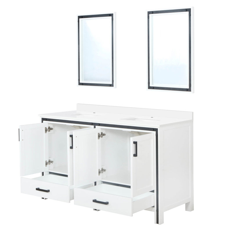 Meuble-lavabo blanc 60 po X 22 - comptoir en quartz, miroirs, fermeture en douceur, deux armoires et tiroirs pour l'organisation incluse, rangement intérieur