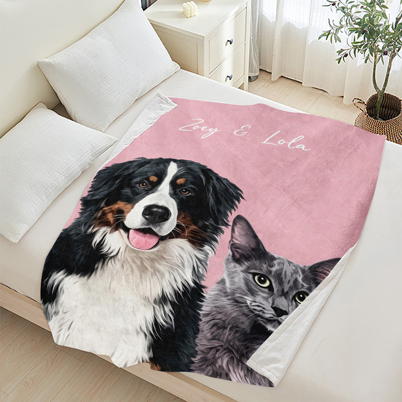 Jeté en flanelle JYK, L 50 po x l 60 po, Portrait de chien et de chat