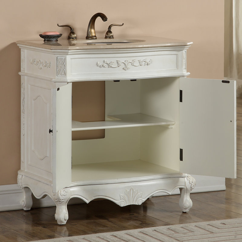 32'' Single Bathroom Vanity with Marble Top, Antique White