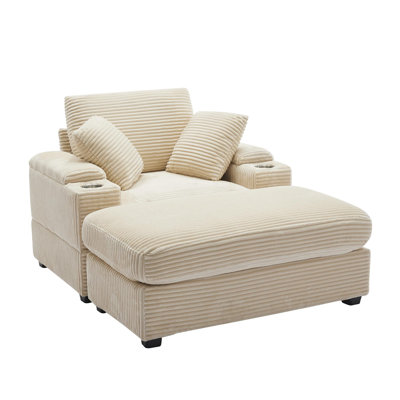 Corduroy Upholste Chaise Lounge Sofa With Handrail Storage ,Movable Ottoman,Cupholders,Detachable Cushions Deep Seat For Living Room Office