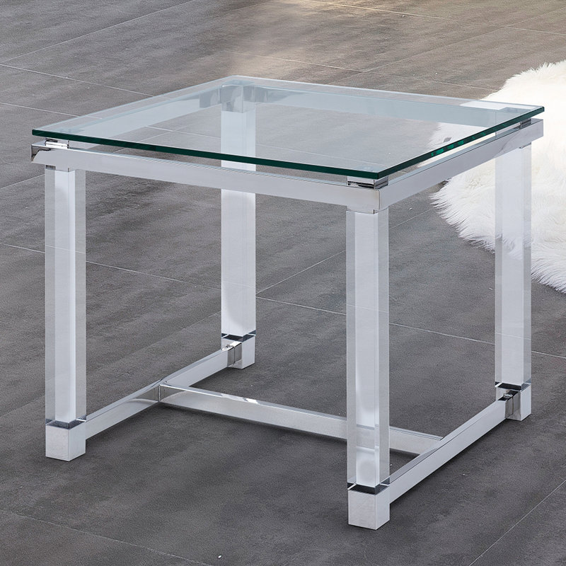 Table de bout en tréteaux avec plateau en verre