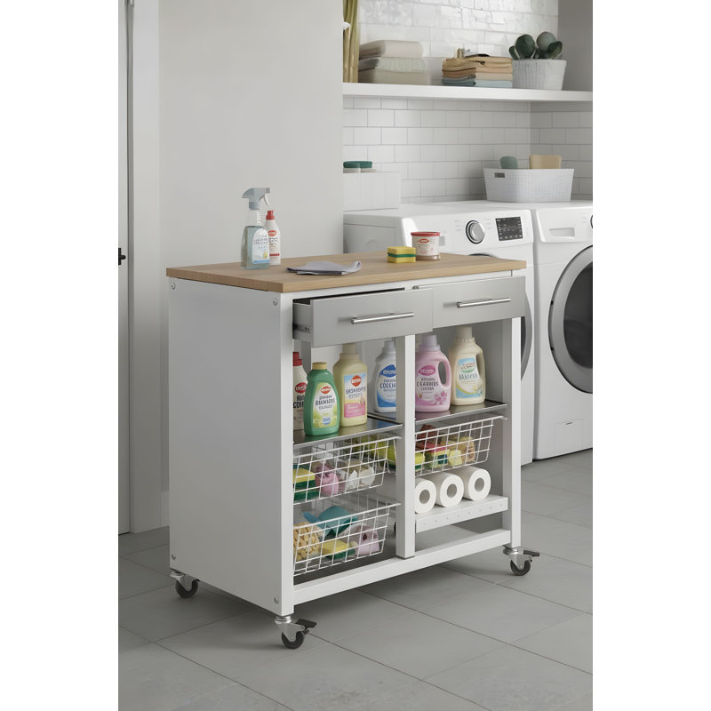 Rolling kitchen cart with drawers, baskets & bottle rack – White steel frame & textured wood top – BERGEN, Natural/White