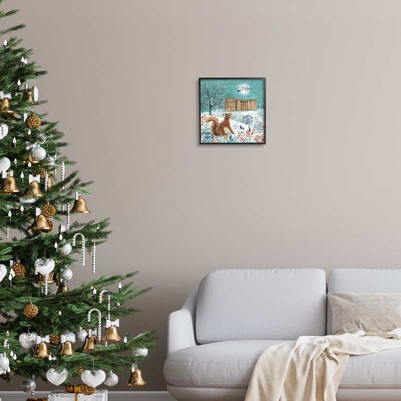 Écureuil regardant le Père Noël encadré sur bois par Jane Sunner, peinture, Giclée encadrée noir minuit