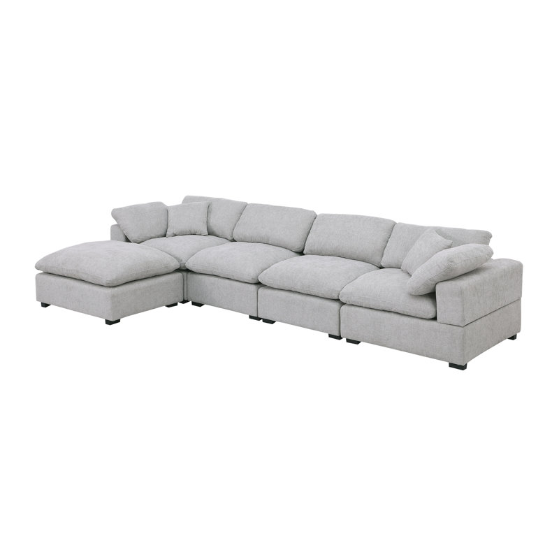 Caylob 5 - Piece Upholstered Chenille Sofa & Chaise Couch With Reversible Ottoman, Gray Chenille