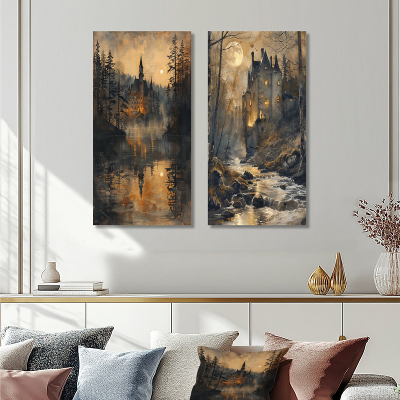 Loup-garou magique au clair de lune jaune et jaune - ensemble d'art mural en métal français de 2, 32" H x 32" W