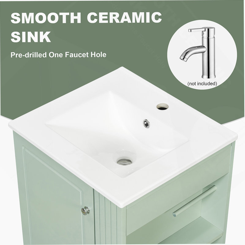 Meuble-lavabo autoportant avec lavabo, armoire de rangement avec tiroir à fermeture en douceur, tablettes latérales ouvertes