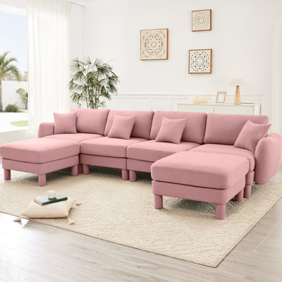 Canapé modulaire en U à 4 places en tissu rose avec mousse élégante et dense pour le confort du canapé 2 repose-pieds amovibles, salon respirant