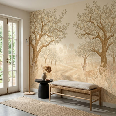 Papier peint pastoral paysage arbres de verger décoratifs amovibles faons