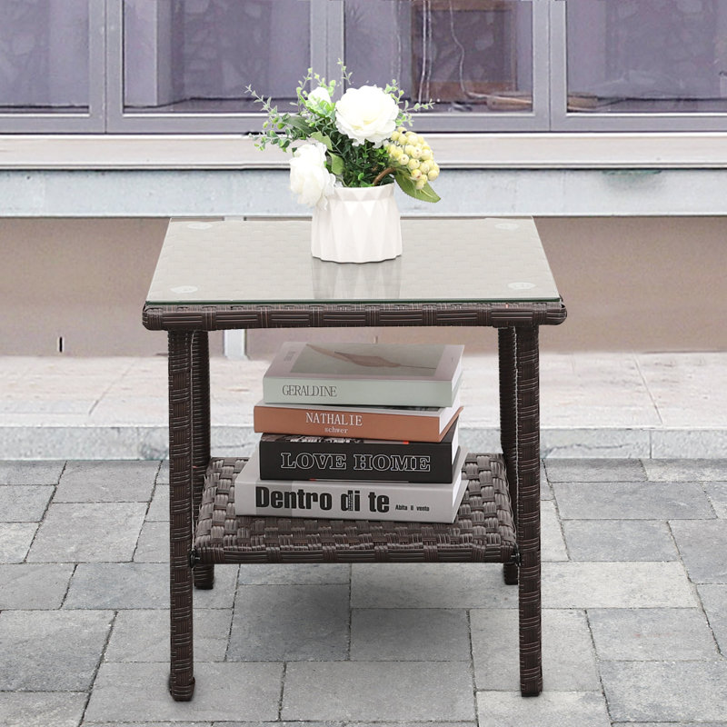 Lavara Outdoor Wicker Side Table Patio Coffee Table Glass Top 2-layer End Square Table, Brown