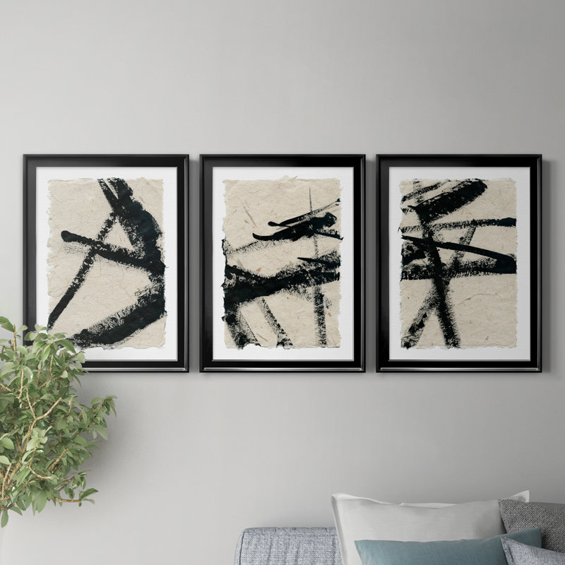 «Lines Crossed I», ensemble de 3 cadres photo, H 18,5 po x l 73,5 po x P 1,5 po, Toile avec cadre noir