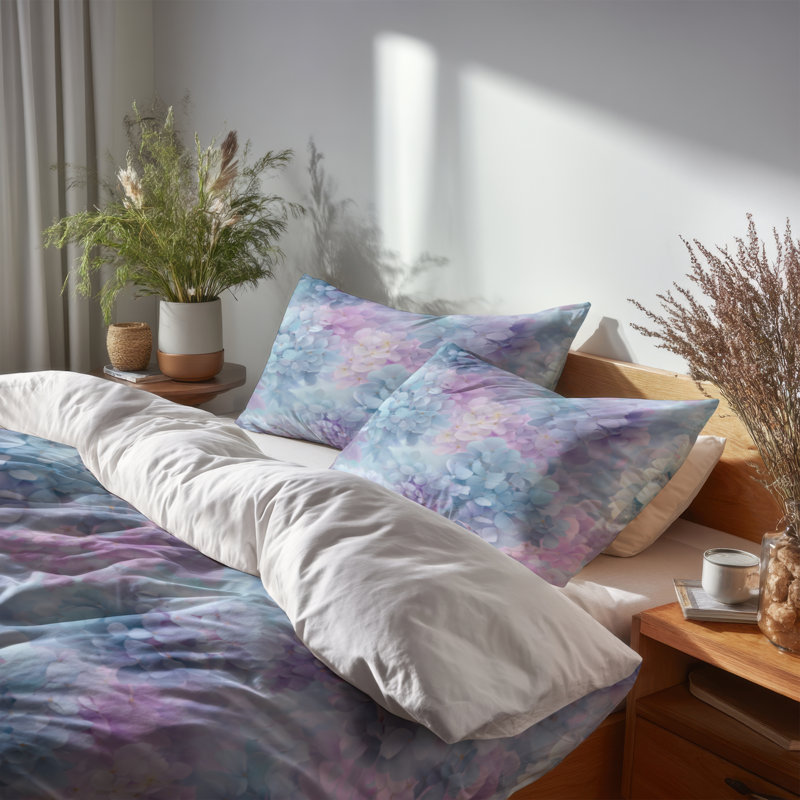 French Country Bedding Set Of 3 - Lavender Pastel Hydrangea Dream Duvet Cover And Throw Pillow Set
