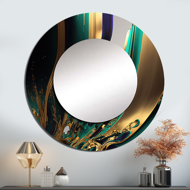 Pogg - Agate verte et or III - miroir mural décoratif transitionnel, miroir rond vert, impression d'art en métal