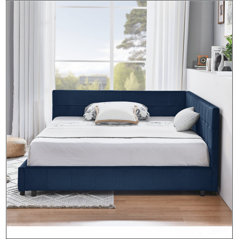 Structure de lit double capitonnée pleine grandeur avec dossier et accoudoirs confortables, idéale pour la chambre à coucher et le salon, velours, bleu foncé