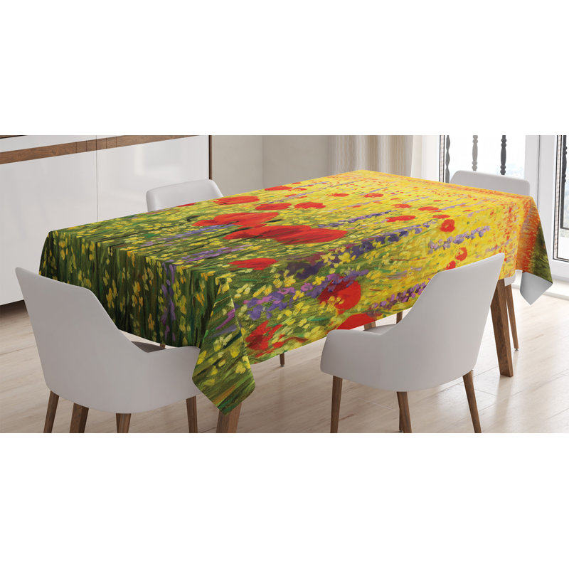 Ambesonne Flower Tablecloth, Colorful Field With Poppies Yellow Flowers Lavendar Farmland Hills Scenery, Rectangular Table Cover For Dining Room Kitchen Decor, 52" X 70", Yellow Red Green