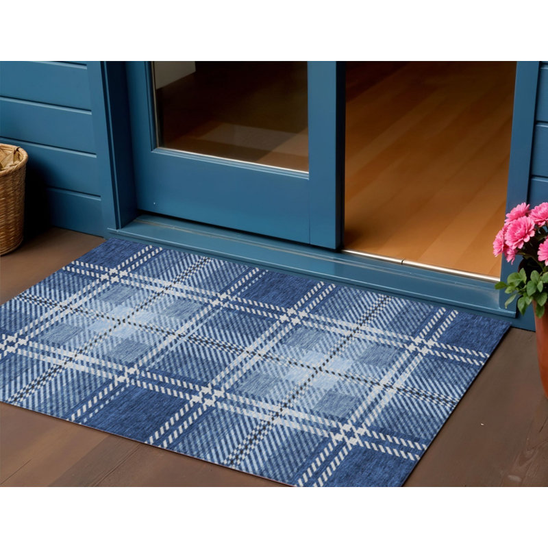 3' X 5' Navy Blue Black And Ivory Plaid Washable Indoor Outdoor Area Rug