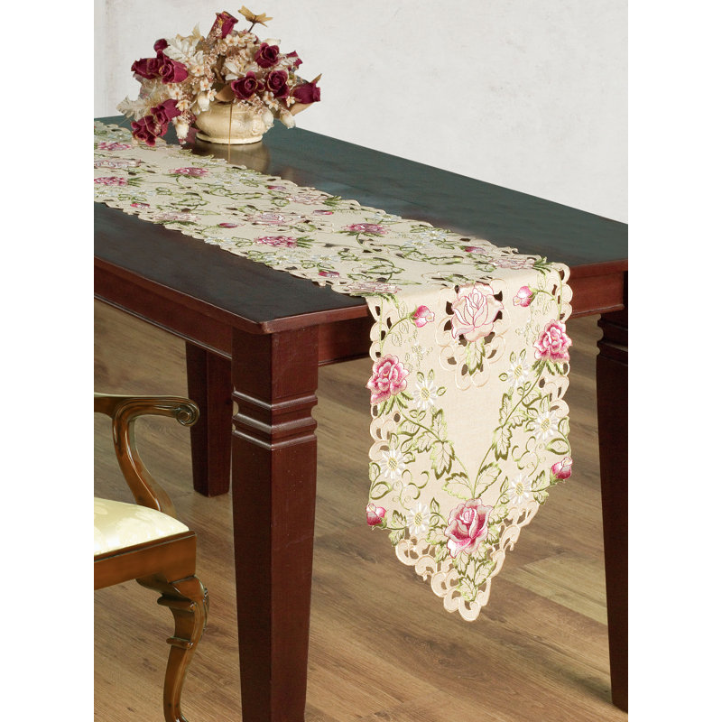 European Embroidered Table Runner with Flowers and Leaves for Christmas Dining Table and Modern Decor