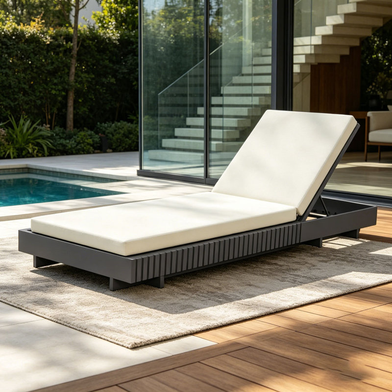 Solid Wood Lounge Chaise, Dark Gray+Cream Cushion