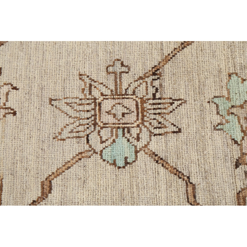 Tapis beige / ivoire / brun en laine noué à la main de conception unique 7 pi 11 po x 9 pi 4 po