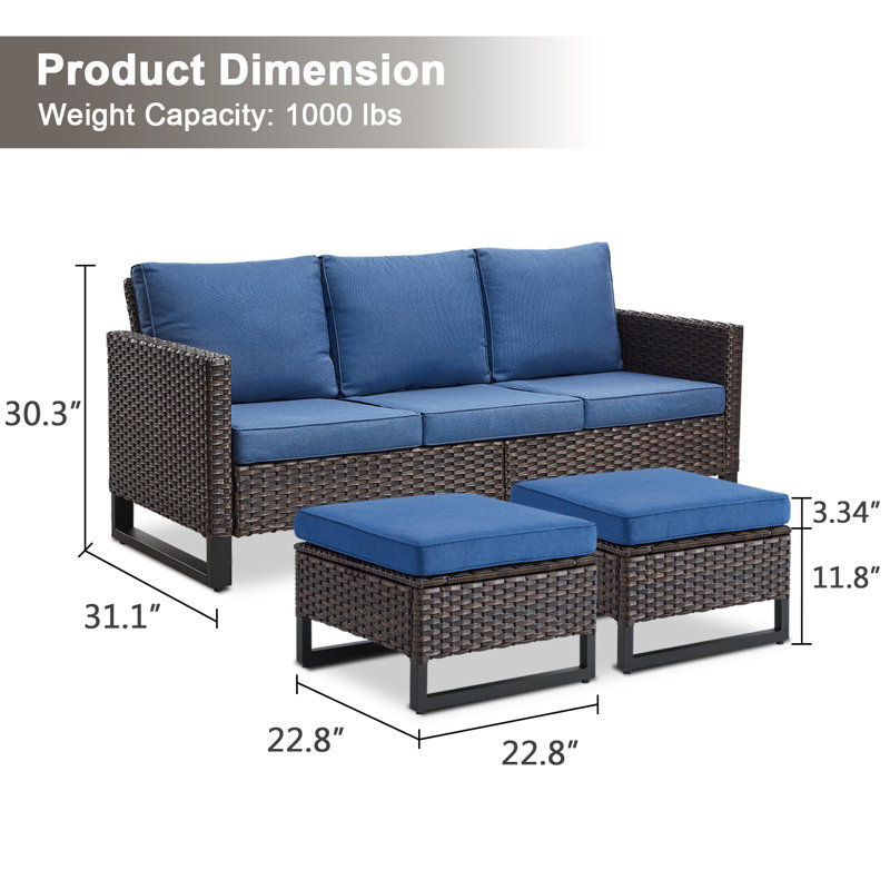 Nazime 74.02" Wide Outdoor Wicker Patio Sofa with Cushions and Ottomans, Blue, Brown