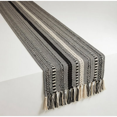 77" Long Farmhouse Braided Stripe Cotton Table Runner with Macrame Fringe