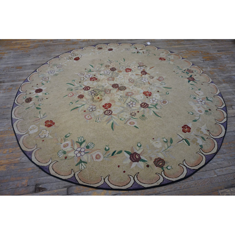 Light Color Antique Round Shape Floral Pattern American Hooked Rug