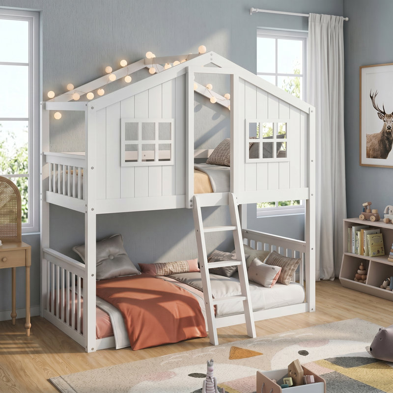 Lit superposé White House, lit simple au-dessus de simple en bois massif avec échelle