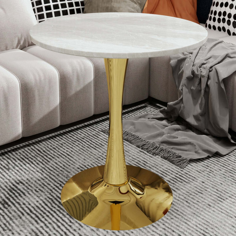 Mid-Century Modern Round Table, Veined Faux Marble Tabletop Multi-Purpose Coffee & Dining Table, Accommodates 2-4 People