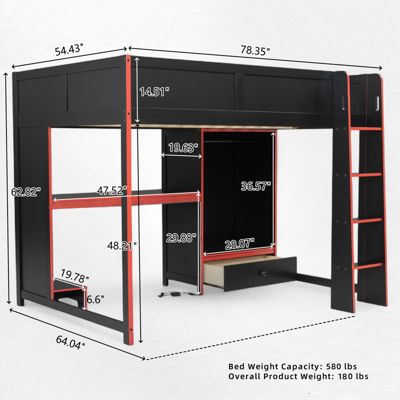 Lit mezzanine en bois avec bureau intégré, lumières DEL et rangement, Double