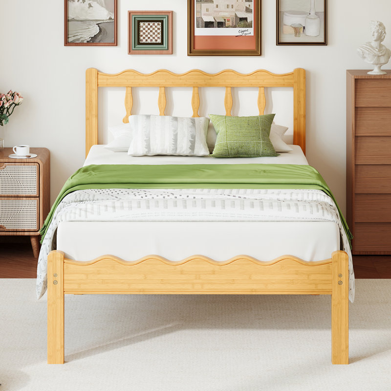Structure de lit plateforme en bois de bambou 14 po avec tête de lit ondulée, lattes en métal, aucun sommier requis, 14"