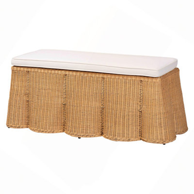 Rattan Ottoman With Cushion - Handwoven Wicker Accent Bench For Living Room, Bedroom Or Entryway, Coastal Boho Style Accent Furniture, Rectangle