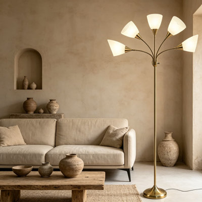 5-Head Adjustable Floor Lamp With Flexible Gooseneck Design, Large Frosted Shades For Reading And Ambient Lighting, Ideal For Living Room And Bedroom