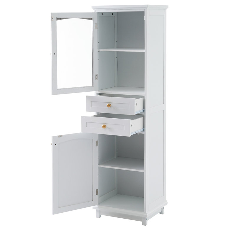 Tall Bathroom Storage Cabinet with Glass Doors Two Drawers and Adjustable Shelves, White