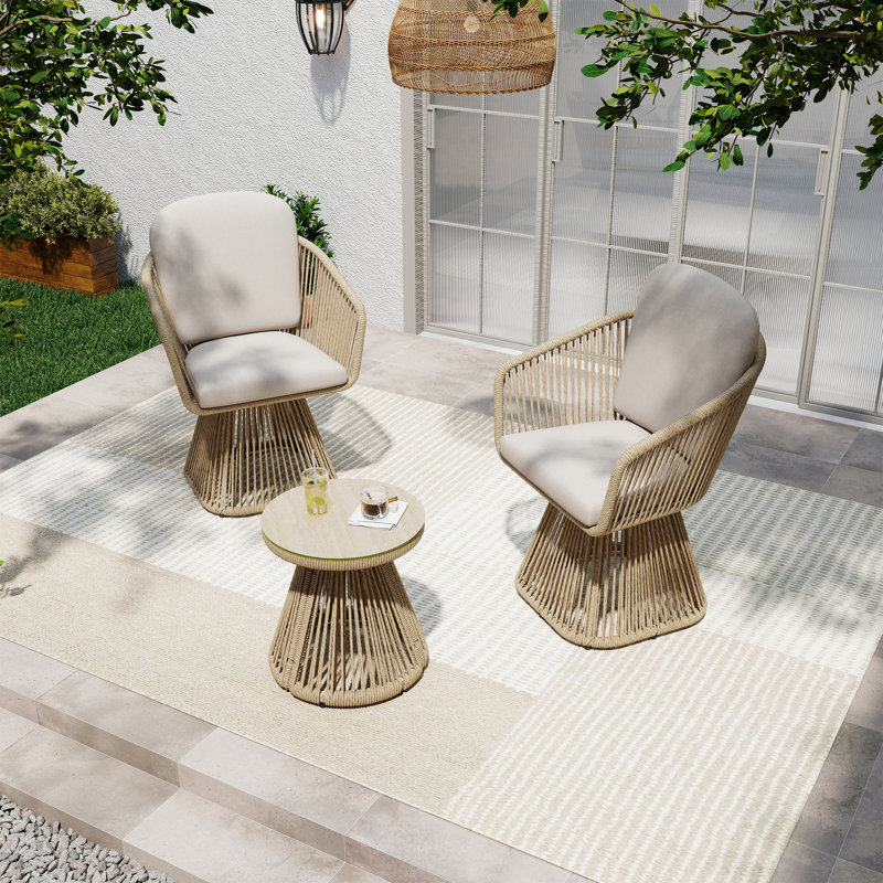 Fauteuil pivotant extérieur en osier 3 pièces avec table d'appoint