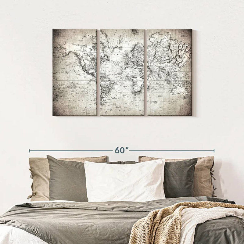 Carte du monde simple sur toile, ensemble de 3 pièces, H 45 po x l 28 po x P 1,25 po