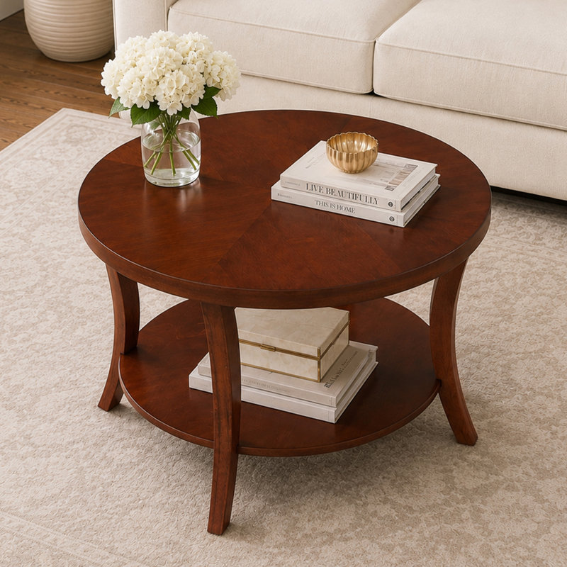 Table basse ronde Dinh avec tablette, Mahogany